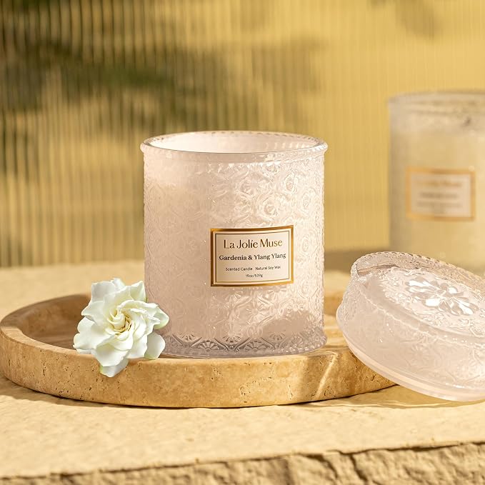 LA JOLIE MUSE Gardenia & Ylang Ylang Scented Candles for Home,19 oz Soy | Large Jar Luxury Candles, Clean Non Toxic, Gifts for Women & Mom, Decorative White Candle, Pretty Floral Candle, Wood Wick