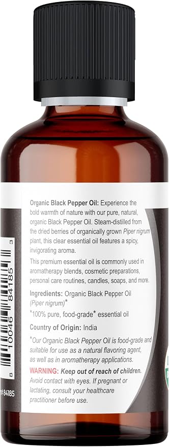 Viva Doria Black Pepper Essential Oil, USDA Certified, Organic Black Pepper Oil, 100% Pure, Natural Essential Oil, Undiluted, for Aromatherapy | Food Grade, 30 mL (1 Fluid Ounce)