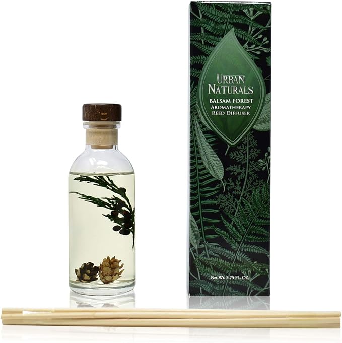 Urban Naturals Balsam Forest Reed Diffuser Oil Set - Real Juniper and Pine Cones – Fragrance Notes of Fraser Fir, Evergreen, Pine, Woodsy Cedar and Sandalwood – Vegan 3.75 Ounces – Made in the USA