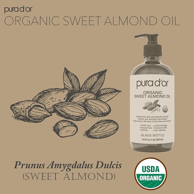 PURA D'OR ORGANIC Sweet Almond Oil (16.9 Oz GLASS BOTTLE) 100% Pure & Natural USDA Certified