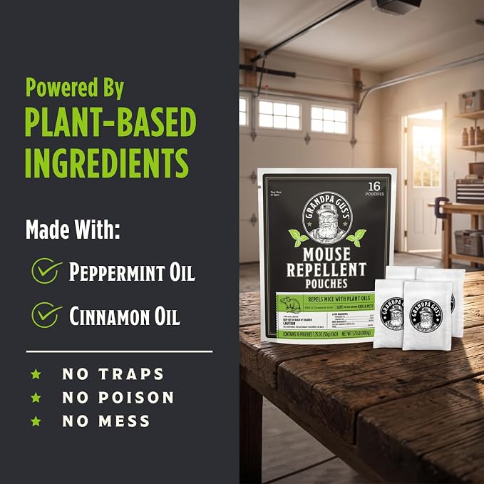Grandpa Gus's Natural Mouse Repellent Pouches, Cinnamon/Peppermint Oils Repel Mice from Nesting in Home/Cabin/Boat/Car Storage/RV/Machinery/Shed (16 Pouches)