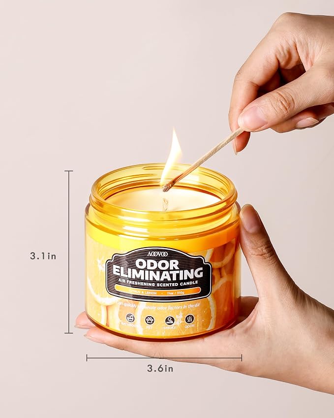 AOOVOO Citrus Lemon 11oz Large Odor Eliminating Highly Fragranced Candle - Eliminates 95% of Smoke, Food, Pet and Other Smells Quickly, Air Freshing Soy Candles, Up to 50 Hours Burn time