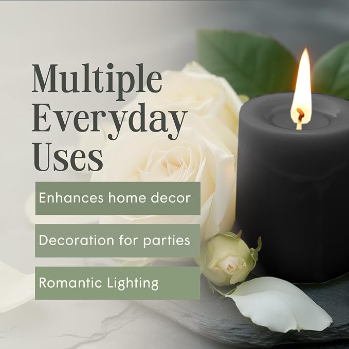 Mister Candle Dripless Unscented Black Pillar Candles, Set of 3 Hand Poured Solid Color Non-Scented Candles for Home Decor, Premium Wax, 60 Hr Burn Time - 3x4 Inch, Black