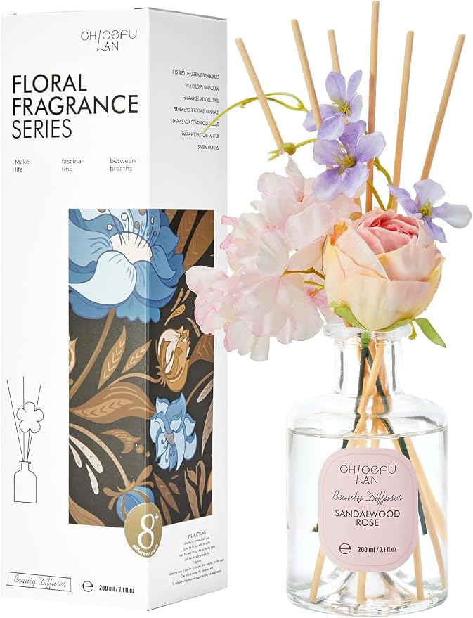 Premium Reéd Diffuser Set with Pink & Purple Flowers Reéd Diffuser Sticks Sandalwood Rose | 6.7oz Scent Fragrance Oil Diffuser for Bedroom Bathroom Home Shelf Décor
