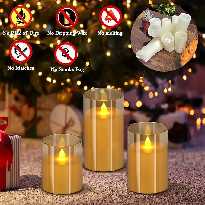 wemarry Flameless Candles 4" 5" 6" Acrylic Glass Pillars 3" Diameter Battery Operated Flickering Candles Include 8-Key Remote with Timer Function 400+ Hours (Gray, Warm Light 9 Pack)