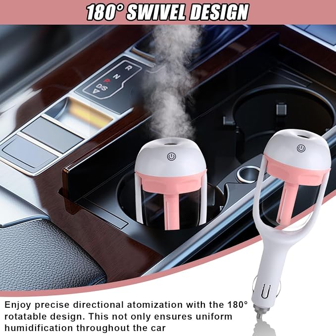 Car Humidifier, Portable Mini Aromatherapy Essential Oil Diffuser, 180-Degree Rotation Cool Mist Humidifier, Vehicle Air Freshener Diffuser with 12V Charging Port for Home Office (Pink)