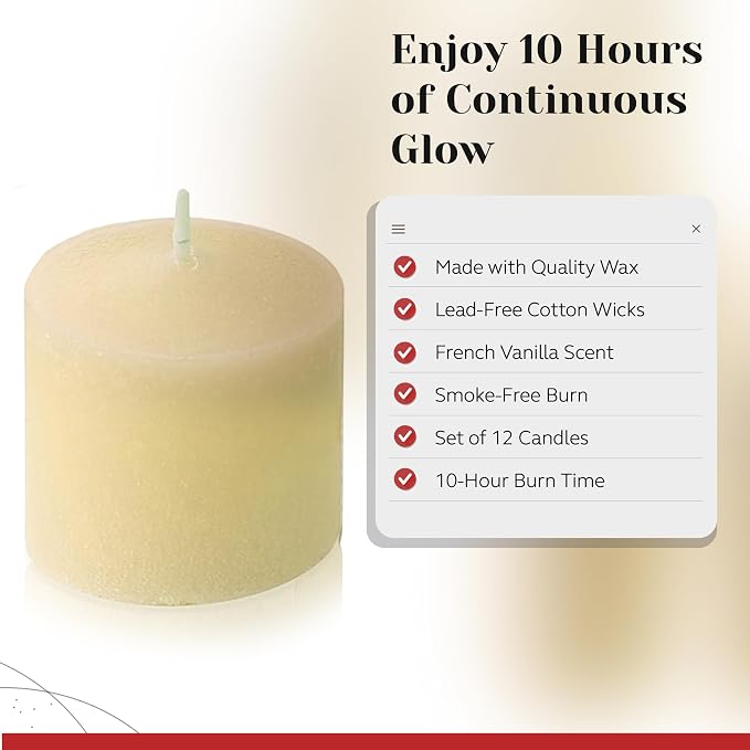 French Vanilla Scented Votive Candles, Set of 12-1.25" Wax Candles for Home, Scented 10 Hour Burn Time - Aromatherapy, Spa Ambiance, Table Centerpieces & Home Décor