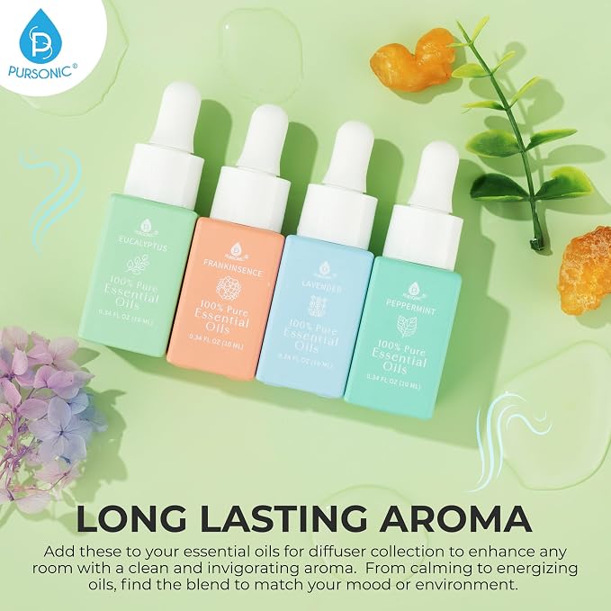 Natural Healing Power Essential Oils 100% Pure with Eucalyptus, Frankincense, Lavender, and Peppermint by Pursonic