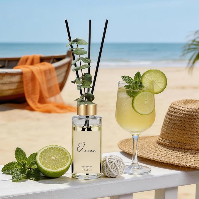 Reed Diffuser Set of 3, Eucalyptus, Linen & Ocean Scented Oil Diffusers with 15 Reeds, Long-Lasting Home Fragrance for Bedroom & Bathroom Decor, 1.7 fl oz Each, Total 5.1 oz