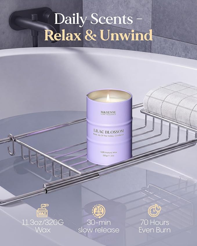 M&SENSE Lilac Blossom Soy Candles for Home Scented, 11.3oz 70 Hour Long Burning Aromatherapy Candle for Stress Relief Meditation Yoga Relaxing SPA, Housewarming Gifts for Women