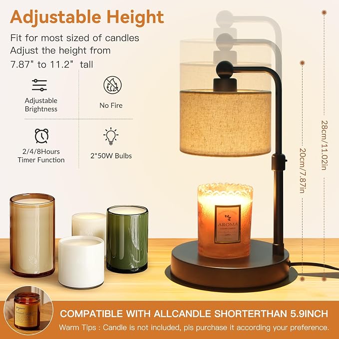 Candle Warmer Lamp with Timer, Height Adjustable Electric Candle Warmer Lamp with 2 Bulbs, House Warming Gifts, Vintage Bedroom Decor Compatible with Various Candles, Valentine Gifts, Birthday Gifts