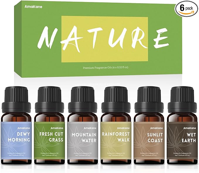 AmaKane Nature Fragrance Oil, Essential Oils for Diffuser, Soap Candle Making Scents, Fresh Cut Grass, Dewy Morning, Rainforest Walk, Sunlit Coast, Mountain Water, Wet Earth, 6x10 ml