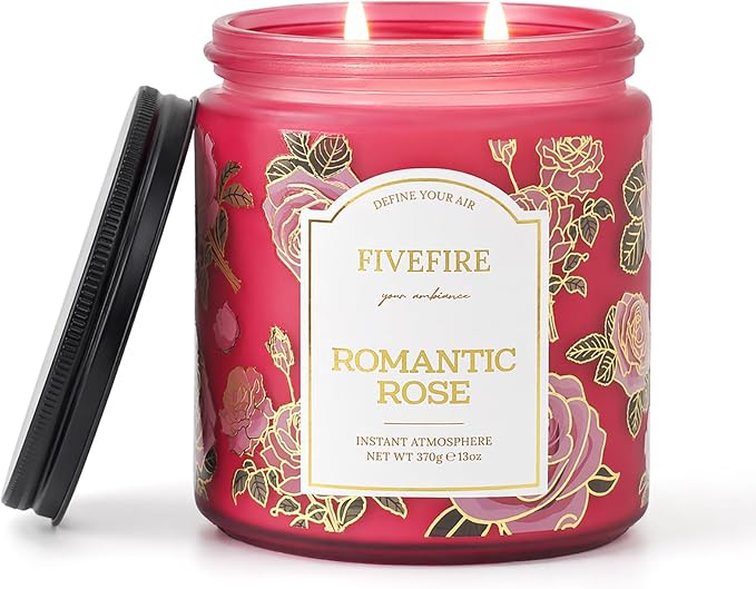 Rose Scented Candles for Home, 13oz Natural Soy Wax 2-Wick Candle, Up to 76-Hour Clean Burn, Fresh Rose Floral Home Fragrance, Romantic Botanical Jar Gift for Women, Mom, Wife
