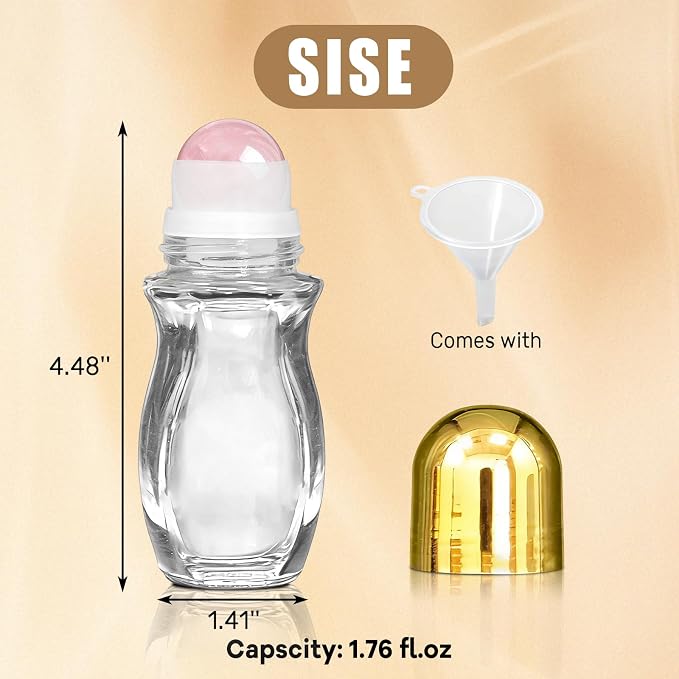 Rose Quartz Roller Waisted Bottles for Essential Oils,50ml Refillable Clear Glass Roll On Bottles with Natural Crystal Roller Balls, Leak-Proof Travel Perfume Bottle with Gold Caps