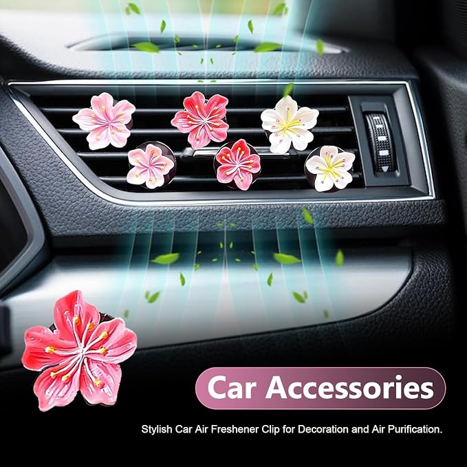 6 PCS Flower Car Air Vent Clips, 3D Stereo Peach Blossom & Cherry Blossom Decoration, A/C Straight Outlet Diffuser for Women & Girls, Interior Accessory for Most Cars (Multicolored)