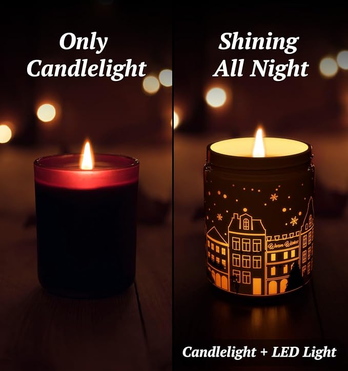Merry Christmas Candles with Warmer LED, Christmas Decor Gifts Winter Candle with Pine Wood Spice Scents, Cypress Candle Over 40 Hours Burn Time, Home Decorations Indoor, 100% Soy Wax,White