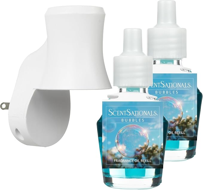 Scentsationals Plug in Air Freshener Starter Set – Swivel Plug Fragrance Oil Diffusers & 2 Long Lasting Scent Refills - Bubbles Scent