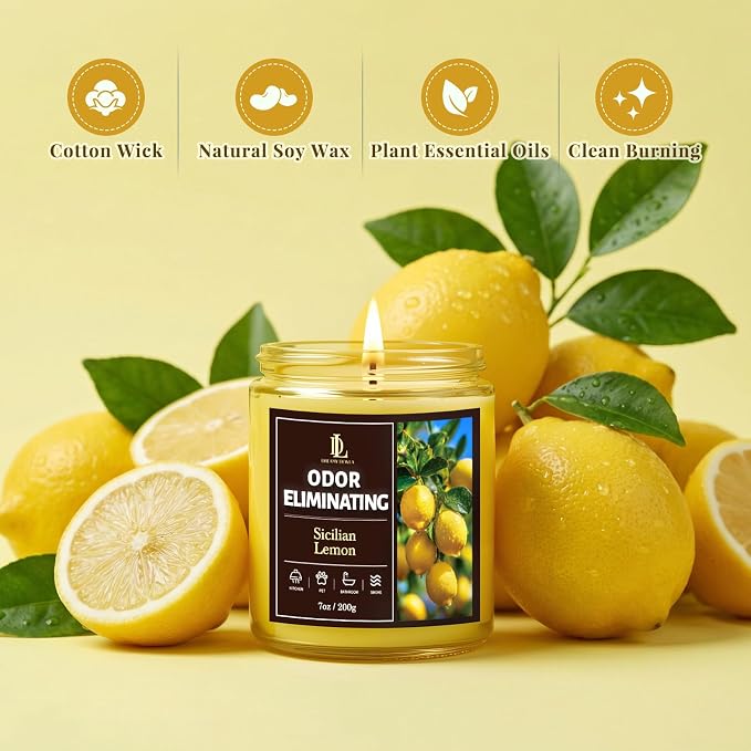 Sicilian Lemon Odor Eliminating Highly Fragranced Candle, Eliminates 95% of Kitchen Grease & Pet Odors Quickly, Air Freshing Scented Candles, Soy Candle Gifts for Women Men, 7oz