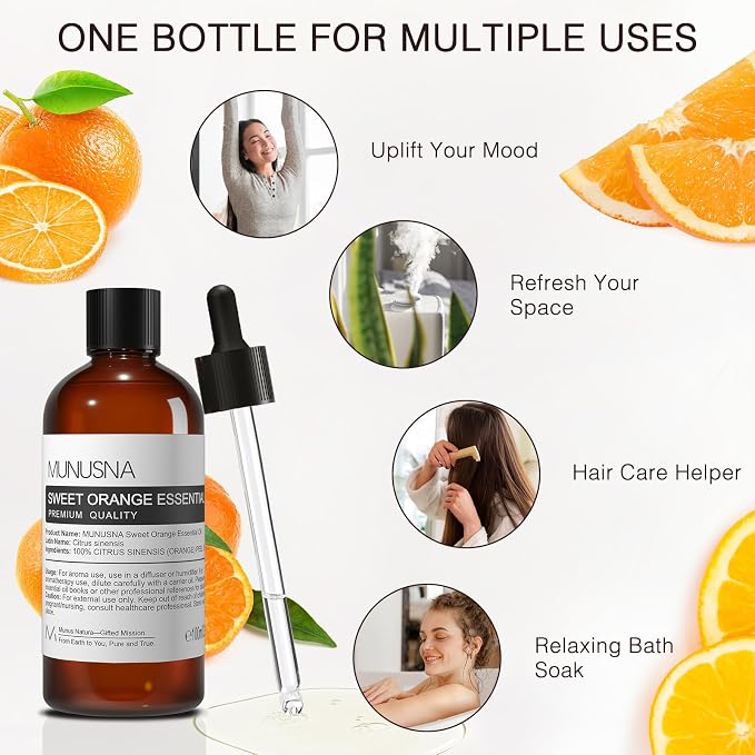 Sweet Orange Essential Oil 100ML, 100% Pure Natural Sweet Oranges Oil Premium Grade Orange Aromatherapy Oils for Diffuser, Skin, Massage, Candle and Soap Making