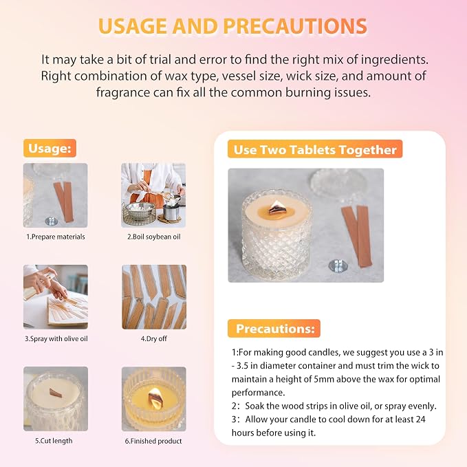 100 Pcs Cherry Wood Candle Wicks - Long-Lasting Flame, Stand & Glue Dot, DIY Candle Making Kit (Warning Label Included)