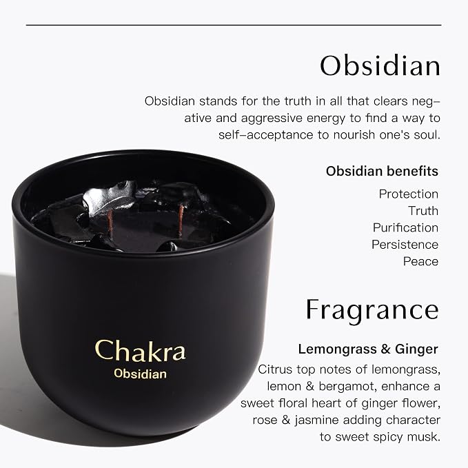 Lemongrass Ginger Chakra Crystal Candle with 6 Obsidian Crystals Inside, 2 Wood Wick Crackling Candles, 12oz Soy Wax Spiritual Aromatherapy Candle for Meditation, Healing, Yoga, Gift for Women and Men