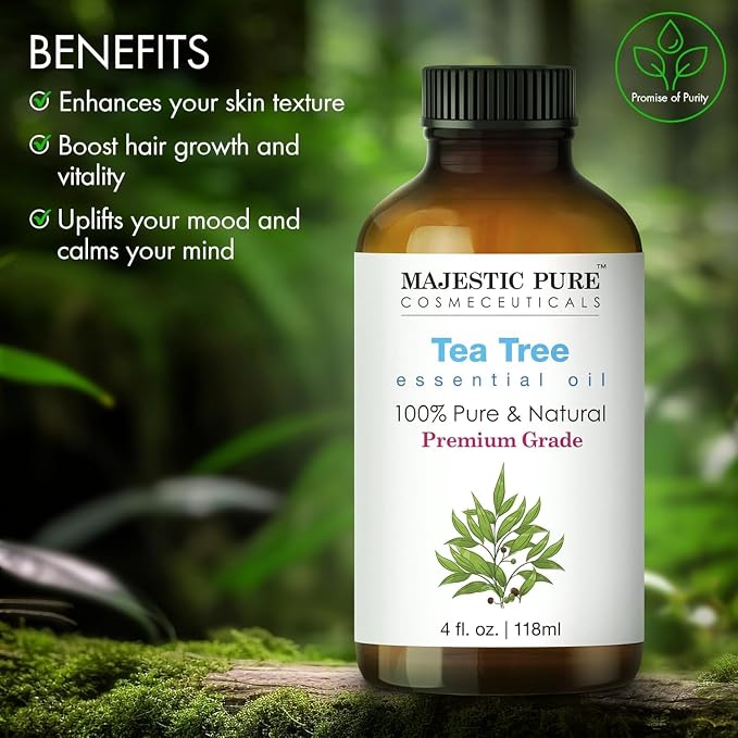 Majestic Pure Essential Oil with Glass Dropper - 100% Pure and Natural - Essential Oils for Diffuser, Aromatherapy, Soap and Candle Making, Tea Tree Essential Oil, Tea Tree Oil, 4 Fl Oz