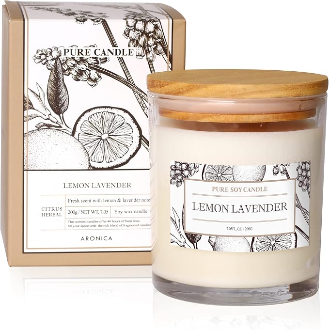 Aronica Organic Soy Candles - Lavender Lemon Essential Oil, Luxury Home Spa Gift for Women, Energizing Scent
