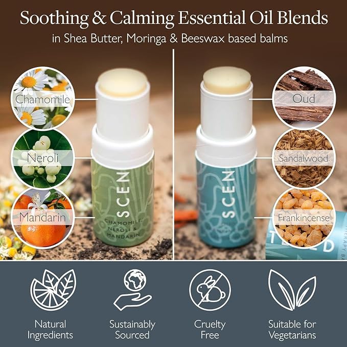 Scentered Aromatherapy Balm Sticks for Stress-Relief & Meditation - Roll On Essential Oil Blends of Frankincense, Oud, Chamomile - Aromatherapy Gifts for Women - De-Stress & Escape
