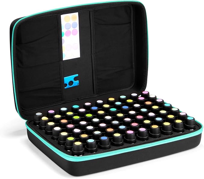 FITNATE Essential Oils Storage Case for 5ml, 10ml, 15ml Oils - Travel Case with Labels & Bottle Opener (70 Bottles, Blue)
