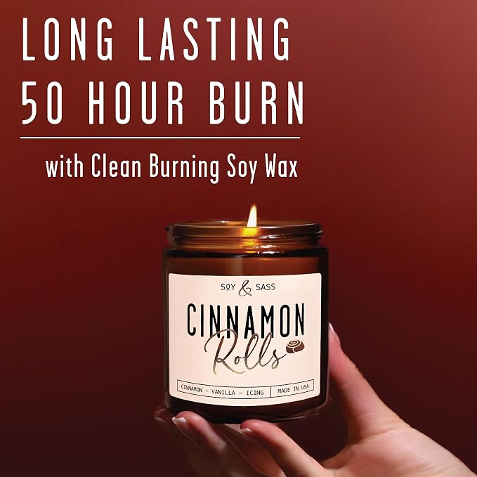 Cinnamon Candle, Fall Candles, Christmas Candles - 'Cinnamon Rolls' Autumn Scented Soy Candle for Home, 9oz Reusable Jar, 50Hr Burn, Made in USA