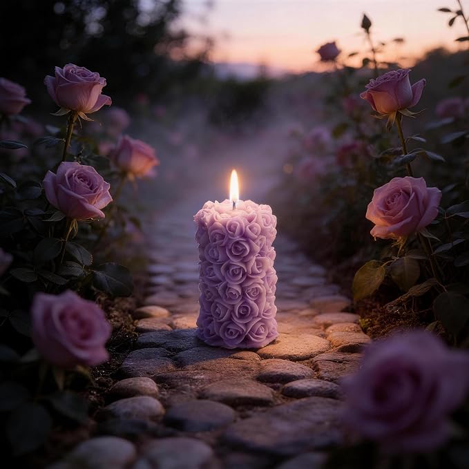 Rose Flower Engraved Scented Candle,Purple Rose Cluster Design,Floral Soy Wax Aroma Decorative Pillar Candle for Valentine's Day,Birthdays & Aesthetic Spaces