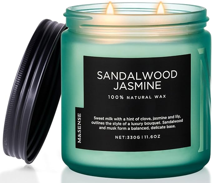 M&SENSE Sandalwood Jasmine Home Scented Candles, 11.6oz Organic Natural Soy Wax, 70 Hours Long Lasting Slow Burning, Non Toxic Clean Burn, Spring Floral Smelling for Meditation Relaxation