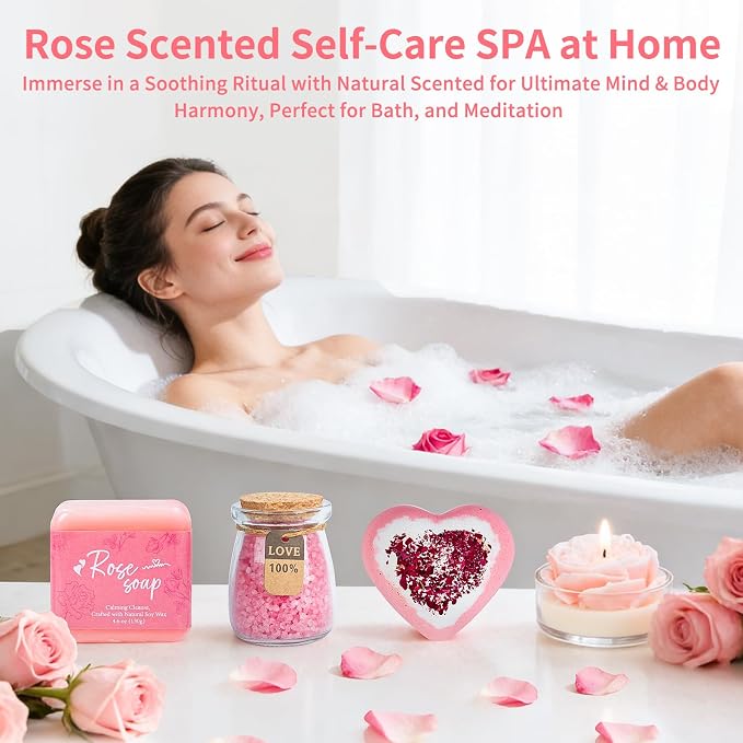 Luxury Mother's Day Gift Set for Women, Rose-Scented Self Care Spa Relaxation Basket Set for Mom, Grandma, Wife, Perfect Gift Set for Women & Thoughtful Mom Gift from Daughter, Son, Family