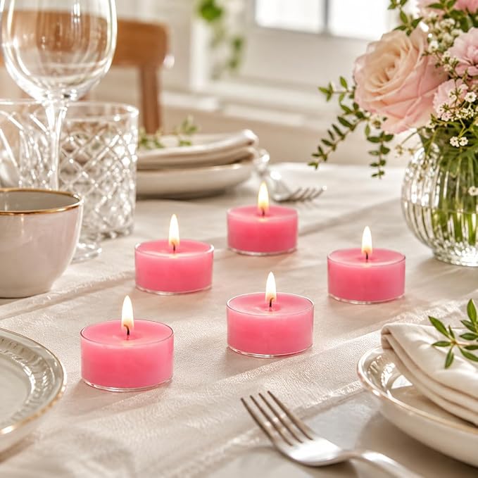 Hot Pink Tea Lights Set of 24, Peach Scented Tealight Candles, Handmade Tea Candles, Long Burning Tealights for Romantic Wedding Home Decor Gift