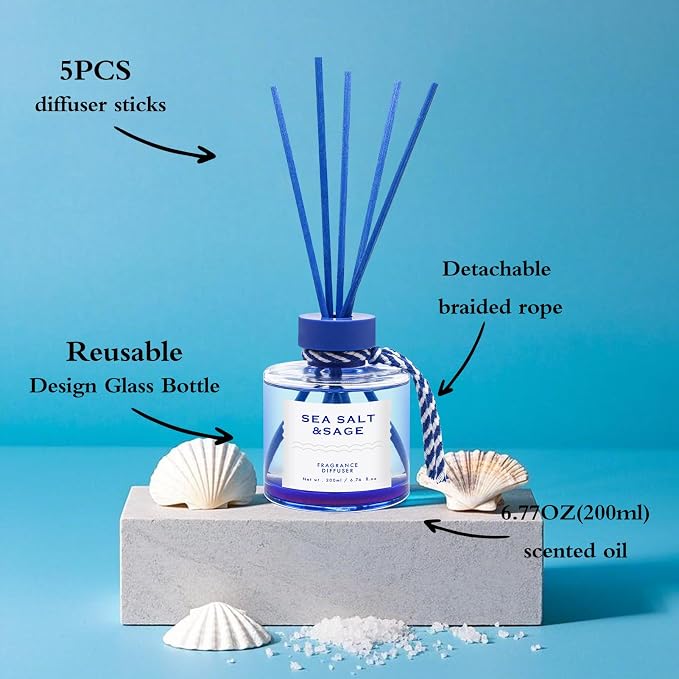 Sea Salt Reed Diffuser, 6.77OZ/200ML Large Capacity Natural Non-Toxic Oil, Long-Lasting Fragrance Reed Diffusers Set for Home and Bathroom, Aroma with 5 Reed Diffuser Sticks