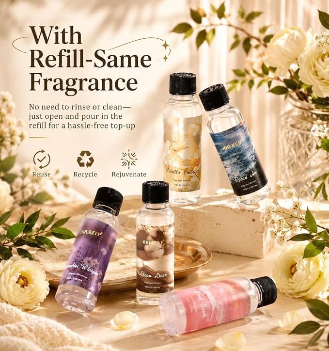 Airkeep Reed Diffuser Set with Refill & 8 Reed Sticks, 6.96 fl oz Lavender Whisper Home Fragrance, Long Lasting Aromatherapy Diffuser for Bedroom, Bathroom & Living Room