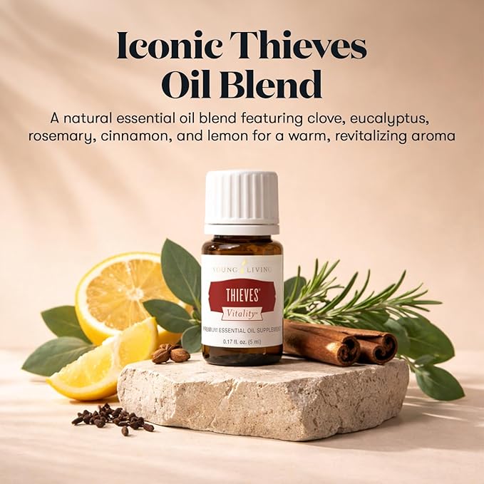 Young Living Thieves Vitality Essential Oil Blend | 5 ml | Warm Spicy Herbal Aroma for Diffusers, Massage & Aromatherapy | Clove, Lemon, Cinnamon, Eucalyptus & Rosemary Blend | Seed to Seal Quality