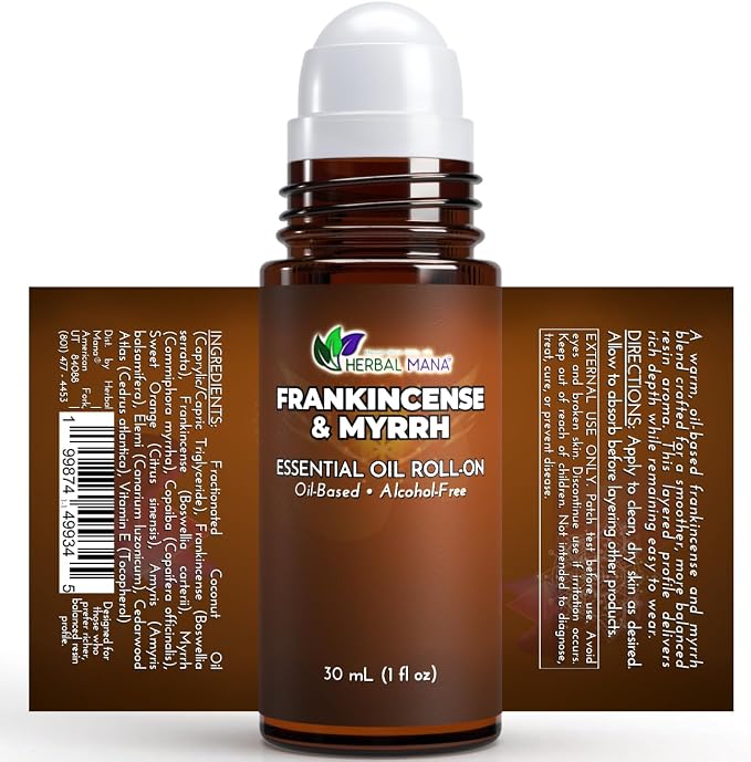 Frankincense & Myrrh Essential Oil Roll-On, 30 mL (1 fl oz) – Pre-Diluted Aromatherapy Rollerball in Fractionated Coconut Oil (FCO) – Alcohol-Free Pulse Point Oil Roller
