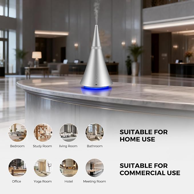 Waterless Diffuser, 2000 Sq.Ft Coverage，Essential Oil Diffuser with Bluetooth App Remote Control, Adjustable Mist Mode, Timer, Mood Lights Aromatherapy Diffuser for Home, Office, Hotel