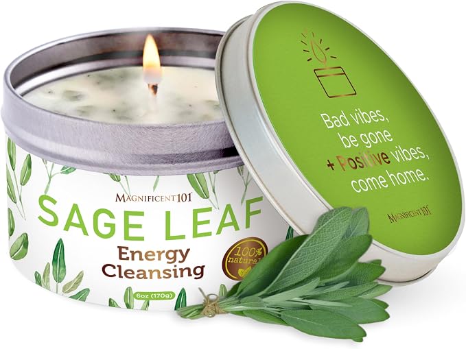 Magnificent 101 Long Lasting Pure White Sage Leaf Scented Smudge Candle | 6 Oz - 35 Hour Burn | Paraffin Free Soy Candle for House Energy Cleansing, Purification & Manifestation