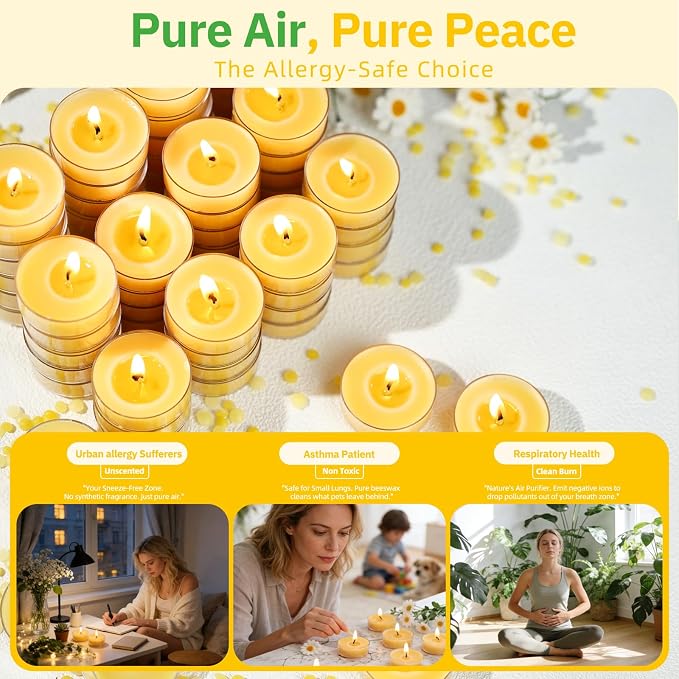 50 Pack Bulk Beeswax Tea Light Candles-2 Hour Short Burn Time for Daily Meditation & Yoga-Natural Beeswax Votive Candles for Oil Burners,Evening Dinner,Ritual & Emergency, Clean Burning & Non-Toxic
