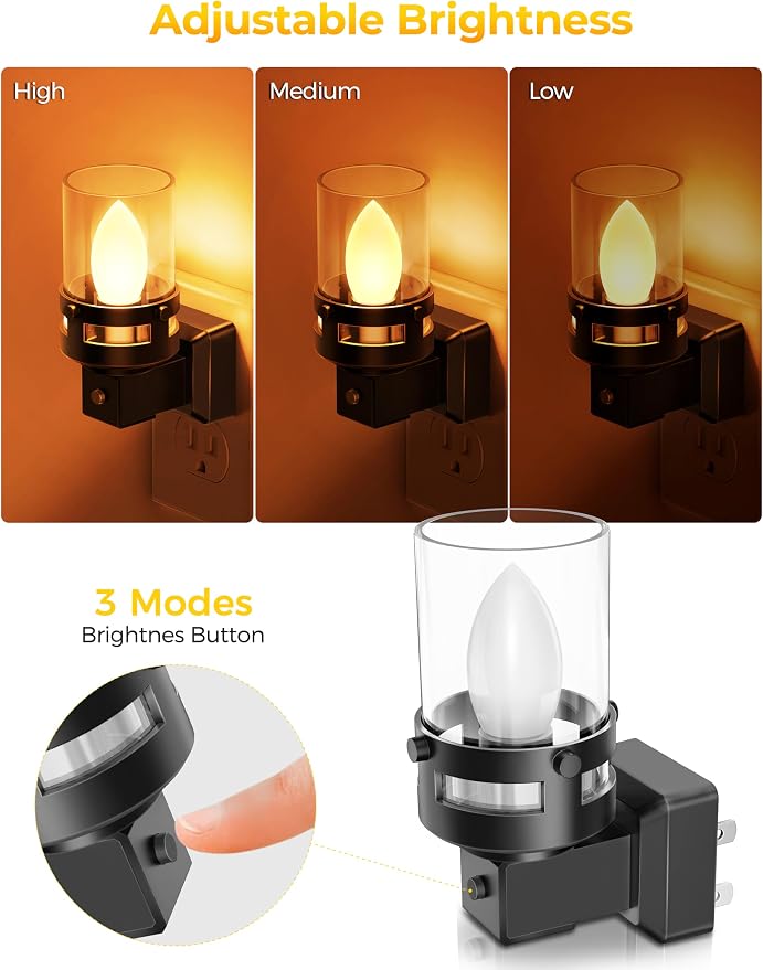 Briignite Candle Night Light Plug in [2 Pack], Amber Night Lights Plug into Wall, LED Night Light with Dusk to Dawn Light Sensor, 1800K Amber Candle Nightlight for Kids Hallway Bathroom Bedroom