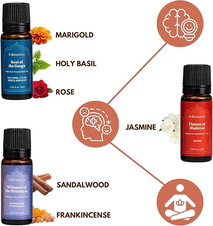 Folkulture Essence of India Essential Oils Set for Diffuser | Set of 5 Fragrance Oils for Aromatherapy | Frankincense, Jasmine, Cedarwood | Home Fragrance Gift | Gift for Her