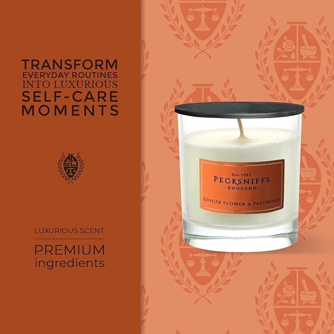 Pecksniff's Classic Gingerflower & Patchouli Scented Candle - Single Wick in Elegant Glass Vessel, 184g/6.49oz