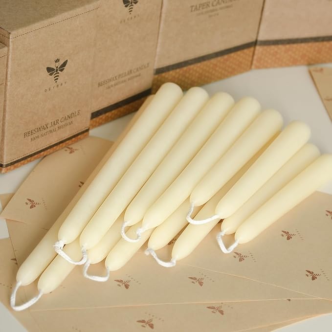 DEYBBY 8 inch Natural White Beeswax Taper Candles Set of 12, Smokeless and Dripless Pure Organic Beeswax Candles Bulk for Anniversary Wedding Dinner Home Decor Emergency Housewarming Gift, 6-7Hrs Burn