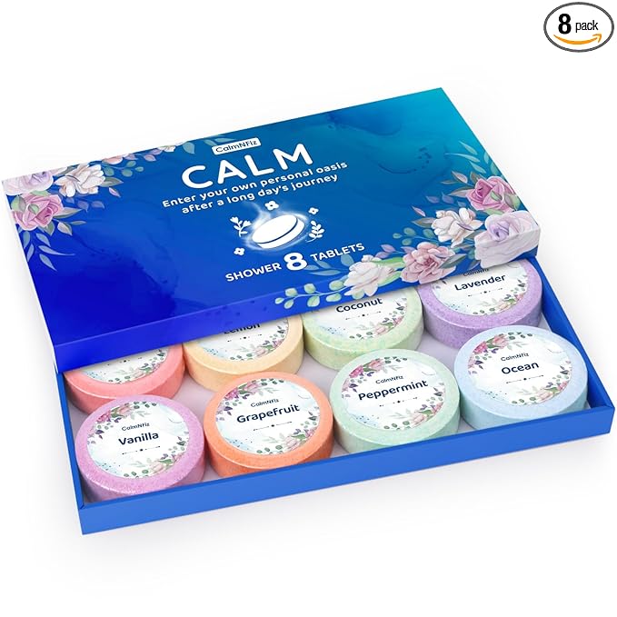 Shower Steamers 8 Pack Set Shower Bombs Tablets in Blue Box with 8 Fragrances with Shea Butter for Self-Care & Relaxation, Idea for Mothers Day Women and Men