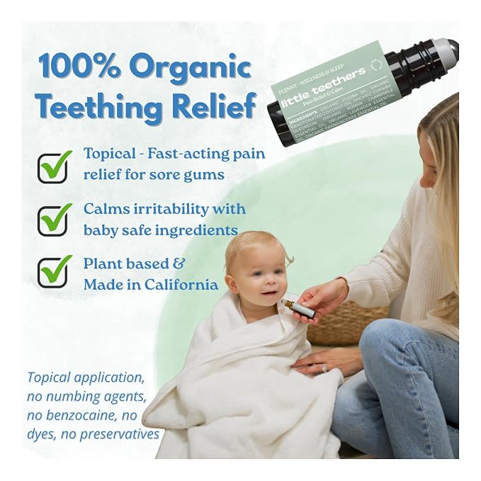 PLENNY Little Teethers Baby Teething Roller – 100% Organic Essential Oil Relief for Sore Gums, Fussiness & Sleep, Chamomile, Lavender, Frankincense – Safe 3 Months+, Made in USA, 10ml