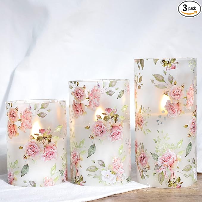 Rose Flameless Candles with Remote Real Wax Blinks Glass Battery Operated Candles - Home Party Wedding Thanksgiving Christmas Summer Decor - Set of 3
