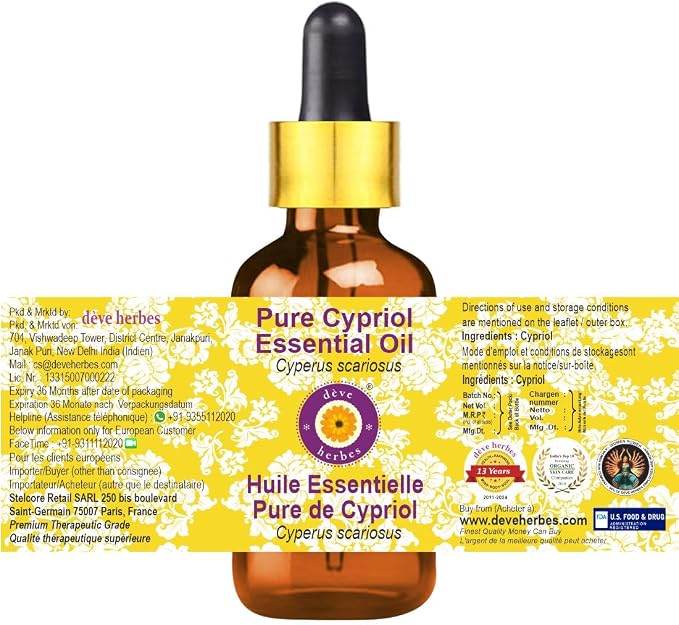 Deve Herbes Pure Cypriol Essential Oil (Cyperus scariosus) Steam Distilled with Glass Dropper 100ml (3.38 oz)