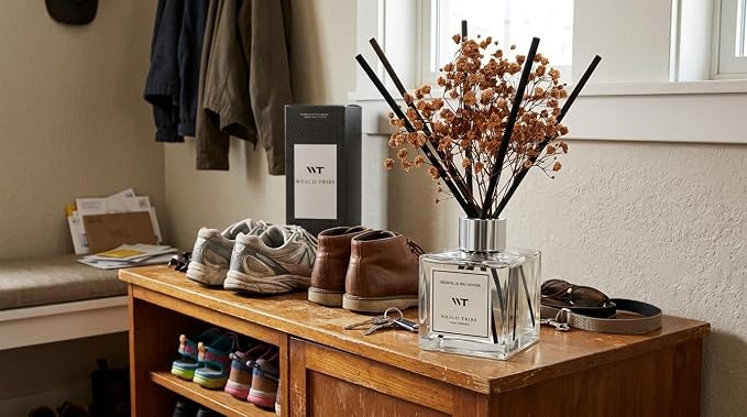 WEALD TRIBE Reed Diffuser Set for Bathroom Air Fresheners with Real Flower, Oil Diffuser Stick | Vanilla Whiskey Scent 5.1 fl oz Home Fragrance with Sticks Defusers | House Bedroom Office Shelf Decor